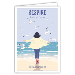 Carte Joyeux Anniversaire avec Enveloppe - Mini Poster Format 17x11 5cm Style Rétro Vintage - Respire l'air du large Femme face à la Mer Plage Mouettes - Fabriquée en France