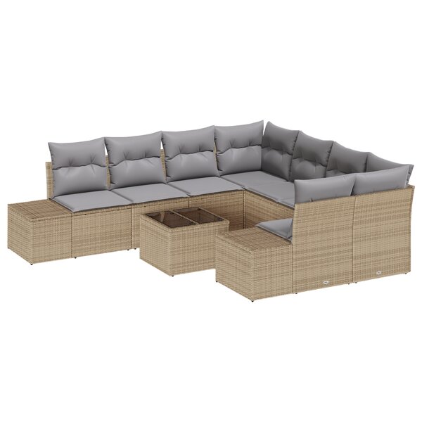 vidaXL Ensemble de Canapés de Jardin 9 Pièces avec Coussins Beige Poly Rattan