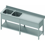 Plonge inox adossée 2 cuves - avec etagère - profondeur 600 - stalgast -  - inox2400x600 x600x900mm