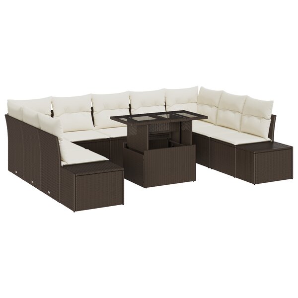 vidaXL Ensemble de canapé de jardin 10 pièces avec coussins marron en poly rattan