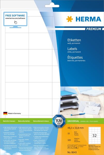 Etiquettes premium sur 10 feuilles a4 210 x 297 mm, blanc herma