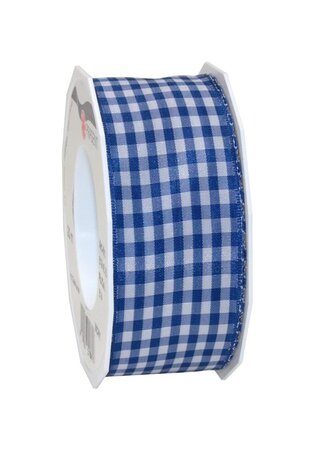 Ruban textile carreau de vichy 20-m-rouleau 40 mm mit draht  bleu roi/blanc