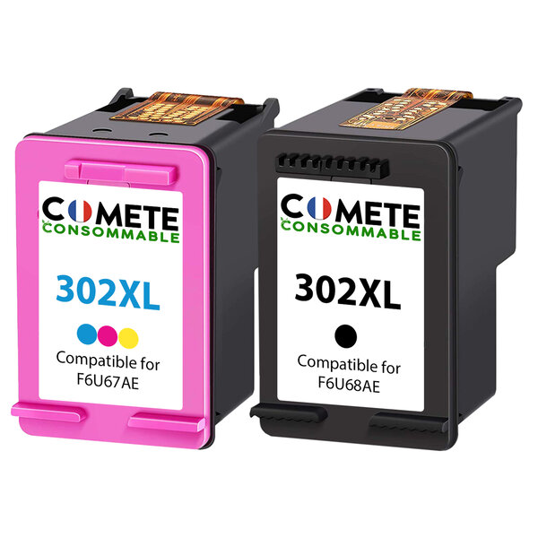 COMETE 302XL 2 Cartouches d’Encre Compatibles avec HP 302 XL 302XL 302 pour imprimante HP DESKJET 1110 2132 2134 3630 3631 3632 3633 3634 3638 HP Envy - (F6U67AE + F6U68AE) 1 Noir + 1 Couleur-PME française