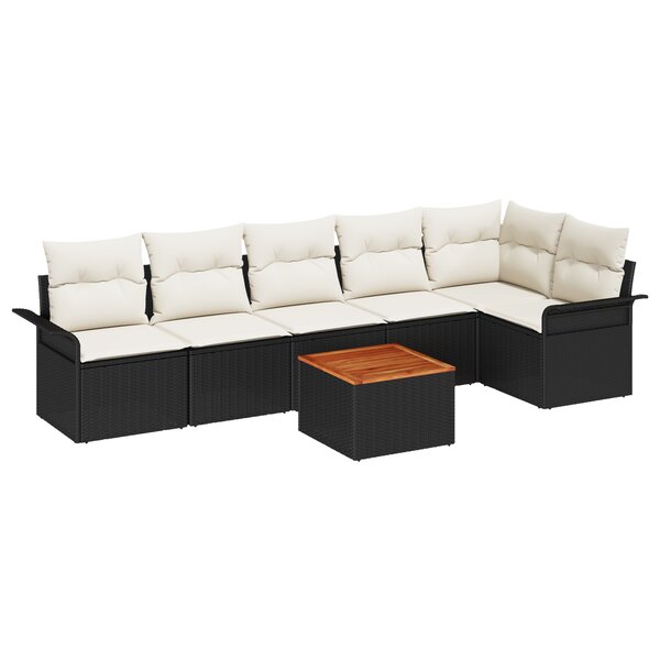Ensemble de Canapés de Jardin de 7 Pièces avec Coussins Noir Rattan Poly Acacia