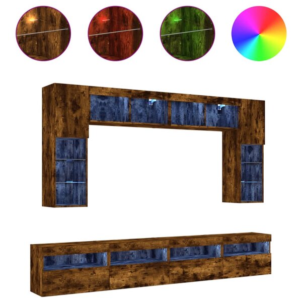 vidaXL Ensemble de meubles TV muraux 8 Pièces et lumières LED chêne fumé