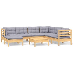 vidaXL Salon de jardin 8 Pièces avec coussins gris Bois de pin massif