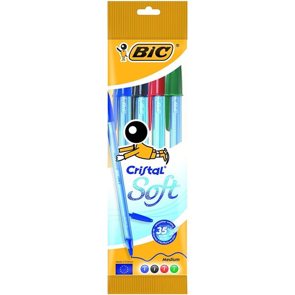 Pochette de 4 stylos Cristal Soft Bleu Noir Rouge Vert BIC