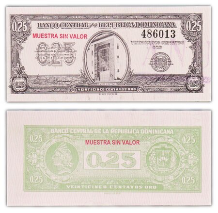 Billet de collection 25 centavos 1961 république dominicaine - neuf - p88s - specimen