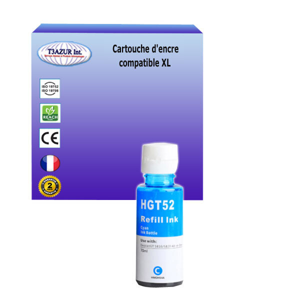 Bouteille d'encre compatible avec HP Smart Tank Plus 571, 651, 655 remplace HP GT52- Cyan - 70ml - T3AZUR