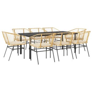 vidaXL Ensemble à manger jardin coussins 9Pièces marron poly rotin verre