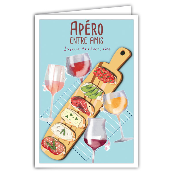 Carte Joyeux Anniversaire avec Enveloppe - Affichette Mini Posters Format 17x11 5cm - Apéro Pique-nique Amis Boire Verres de Vin Planche Saucisson Fromage Bruschetta Toasts Rétro Vintage