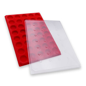 Plateau velours rouge avec couvercle pour présenter 40 muselets de champagne.