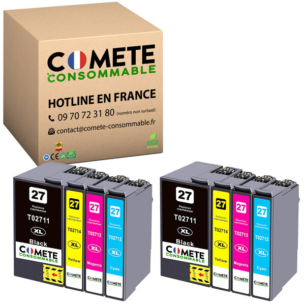 COMETE, Entreprise française - 27XL - Pack de 8 Cartouches d'encre Compatibles avec Epson 27 XL Réveil, T2711 T2712 T2713 T2714 T2715 pour EPSON Workforce -2 Noir +2 Cyan +2 Magenta +2 Jaune