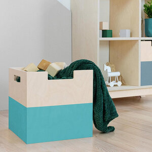 Boîte de rangement bois modèle 2 - poignées - Bleu turquoise et bois naturel - 33 x 33 x 37 cm