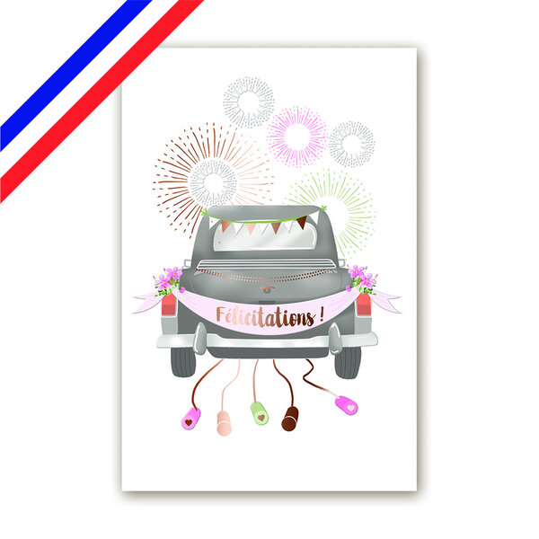 Carte félicitations mariage - voiture des mariés