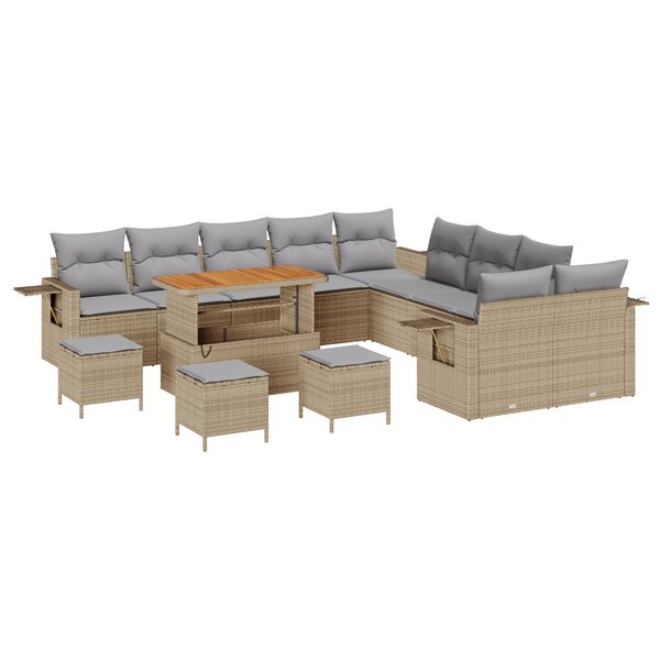 Ensemble de canapé de jardin vidaXL 14 pièces avec coussins beige en poly rattan acacia