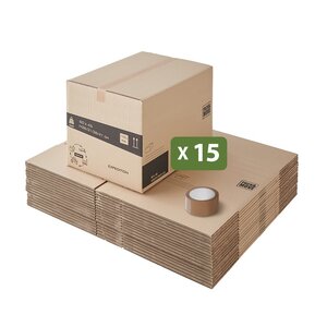 Pack and Move - Lot 15 cartons déménagement hauteur modubale : variable - 60 x 45 x 31-41 cm - Poignées renforcées - 1 adhésif offert