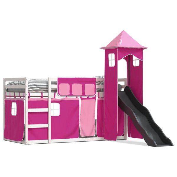 vidaXL Lit superposé avec toboggan et rideaux rose 90x190 cm