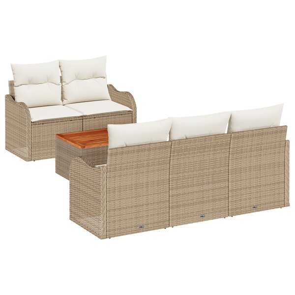 Ensemble de Canapés de Jardin 6 Pièces avec Coussins Beige Poly Rattan Acacia