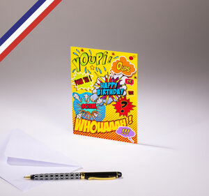 Carte simple pop c'art créée et imprimée en france sur papier certifié pefc - happy birthday comics