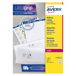 Étiquettes courrier pour imprimantes laser, 63,5 x 38,1 mm, 40 feuilles, 21 étiquettes par feuille, auto-adhésives, blanc (paquet 840 unités)