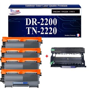 T3AZUR - Kit Tambour+ 4 Toners  compatibles avec Brother TN2220 TN2010 DR2200 pour Brother DCP-7055  DCP-7055W  DCP-7057  DCP-7060D  DCP-7065DN  DCP-7070DW - 2600 pages