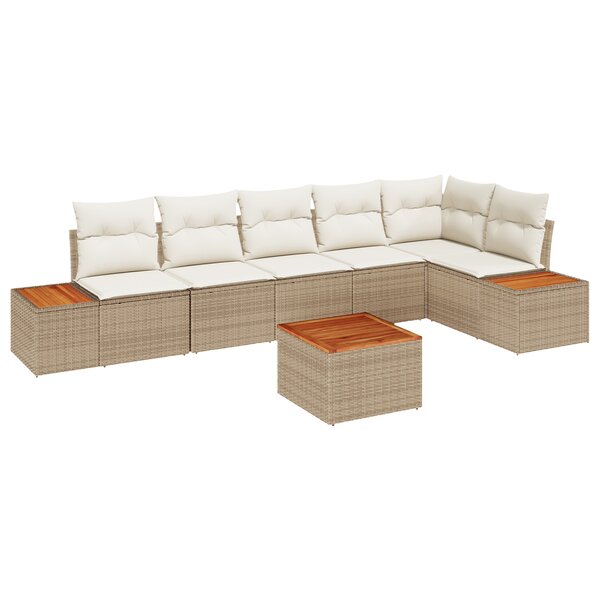 Ensemble 7 pièces avec coussins en poly rattan et acacia