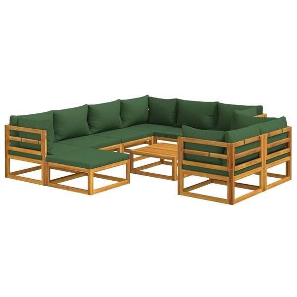 Salon de jardin meuble d'extérieur ensemble de mobilier 10 pièces avec coussins vert bois massif 02_0015192