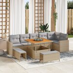 Ensemble de Canapé de Jardin 9 Pièces avec Coussins Beige Poly Rattan Acacia