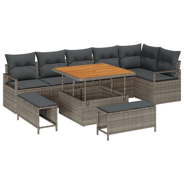 Ensemble de Canapé de Jardin 9 pièces avec Coussins Gris Poly Rotin Acacia