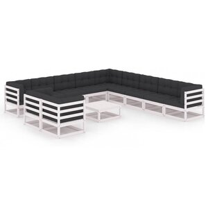 vidaXL Salon de jardin 12 Pièces avec coussins Blanc Bois de pin massif