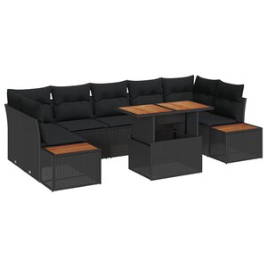 vidaXL Ensemble de Salle à Manger de Jardin 8 Pièces avec Coussins Noir Poly Rattan Acacia