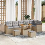 Ensemble de canapé de jardin 9 pièces avec coussins crème en poly rotin acacia