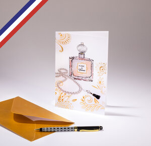 Carte double very chic créée et imprimée en france - bouteille de parfum