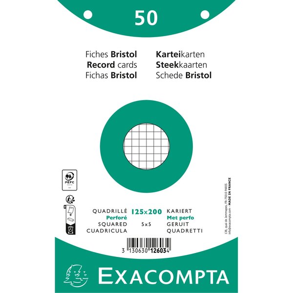 Paquet 50 Fiches Sous Film - Bristol Quadrillé 5x5 Perforé 125x200mm - Blanc - X 24 - Exacompta