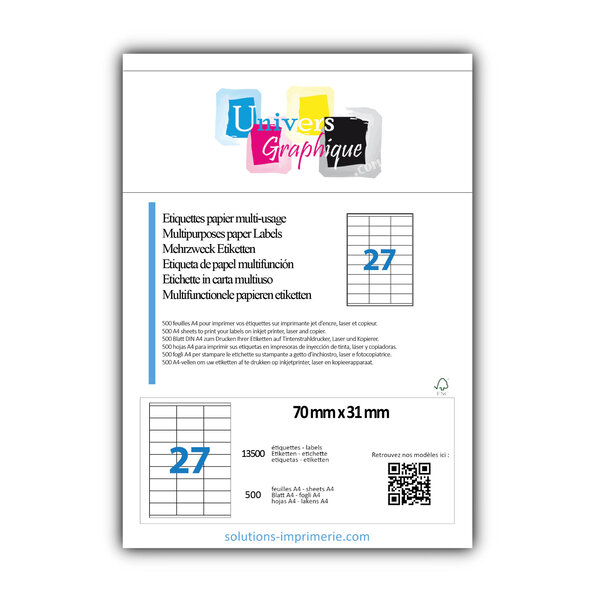 Lot de 500 planches a4 de 27 étiquettes à bords vifs 70 x 31 mm en papier blanc 70g/m² multifonction