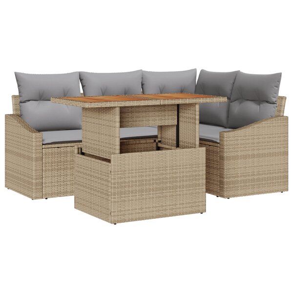 vidaXL Ensemble de Salle à Manger de Jardin 5 Pièces avec Coussins Beige Poly Rattan Acacia