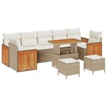 Ensemble de canapé de jardin 10 pièces avec coussins beige poly rattan acacia