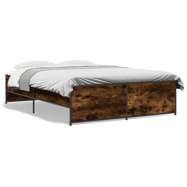 vidaXL Cadre de lit chêne fumé 135x190 cm bois d'ingénierie et métal
