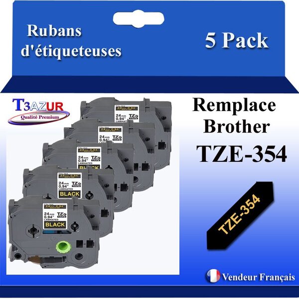 5x Rubans d'étiqueteuses compatibles avec Brother Tze354 Tze-354 pour étiqueteuses P-touch - Texte doré sur fond noir - Largeur 24 mm x 8 mètres - T3AZUR