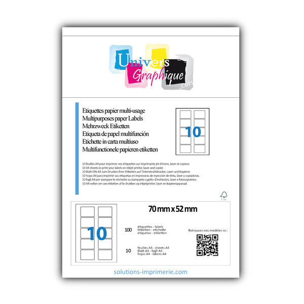 Lot de 10 planches a4 de 10 étiquettes à bords ronds 70 x 52 mm en papier blanc 70g/m² multifonction