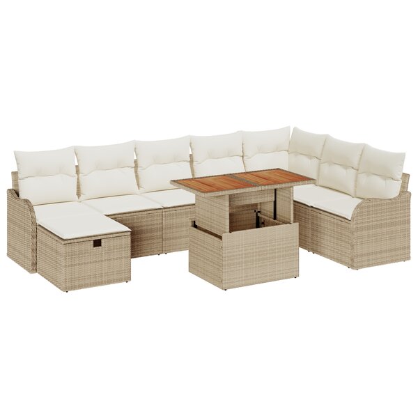 vidaXL Ensemble de Canapés de Jardin 9 Pièces avec Coussins Beige Rattan Poly