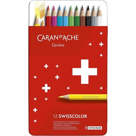 Étui métal 12 crayons de couleur swisscolor résistants à l'eau caran d'ache