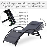 Bain de soleil transat design contemporain inclinable multi-positions repose-pied réglable tétière incluse alu textilène gris