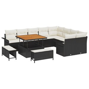 Ensemble de canapé de jardin de 12 pièces avec coussins en poly rotin noir crème