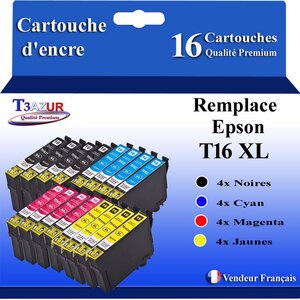T3AZUR- 16x Cartouches Compatibles avec Epson T1631 T1632 T1632 T1634 T16XL