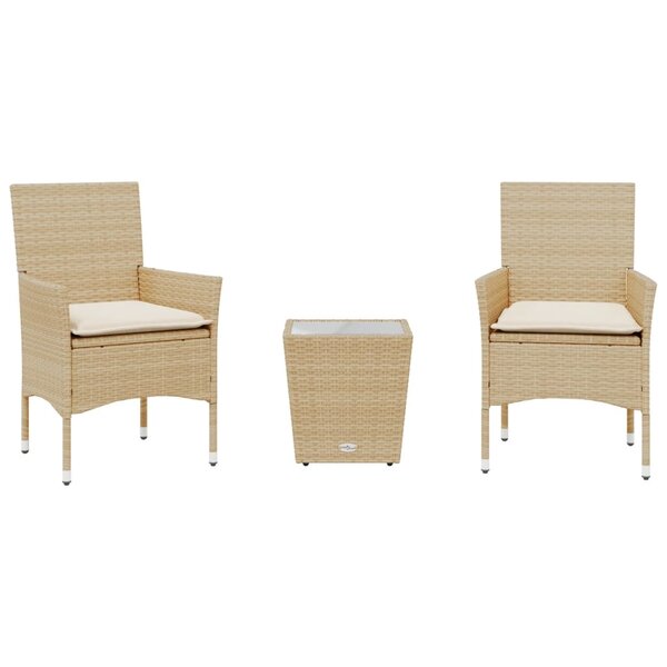 vidaXL Ensemble de bistro avec coussins 3 Pièces beige rotin et verre