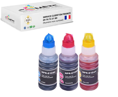 COMETE, Marque française - 104-3 Bouteilles d'encre 104 Compatibles avec Epson EcoTank 104 pour ET2710 ET2711 ET2712 ET2714 ET2715 ET2720 ET2721 ET2726 ET4700-1 Cyan + 1 Magenta + 1 Jaune