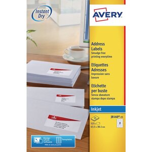 Étiquettes d’adresse pour imprimantes à jet d’encre, 63,5 x 38,1 mm, 25 feuilles, 21 étiquettes par feuille, auto-adhésives, blanc (paquet 525 unités)