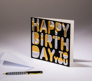 Carte double sparkle - happy birthday - papier paillette noire dorures or et argent